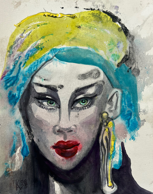 Original watercolor portrait of a woman with turquoise and yellow hair, green eyes, red lips and gold tassel earring, surrealist style