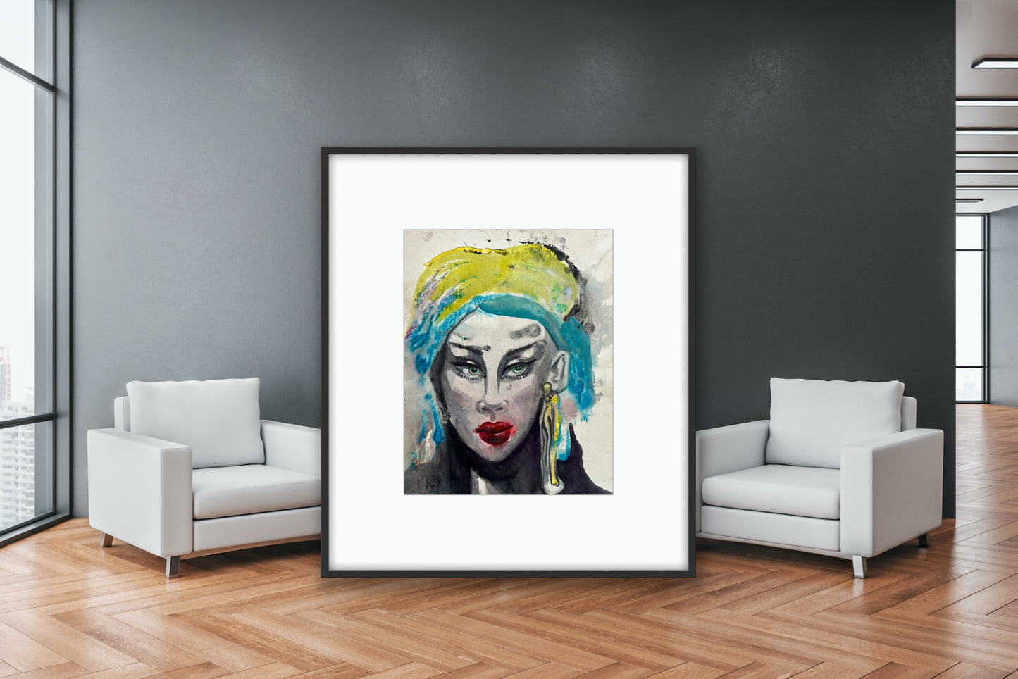 Large framed original watercolor portrait Turquoise Reverie leaning against dark wall between two white armchairs