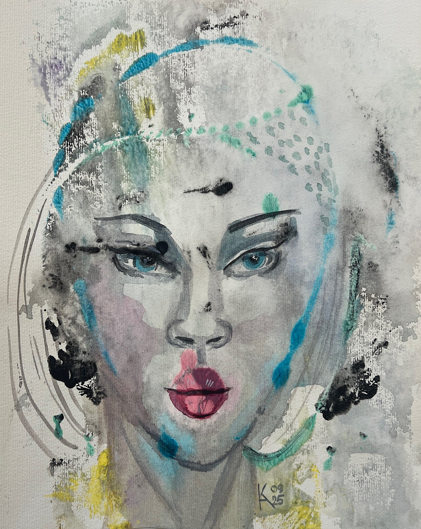 Abstract mixed media portrait of a woman with blue eyes and red lips, watercolor and ink painting on textured paper, signed by the artist
