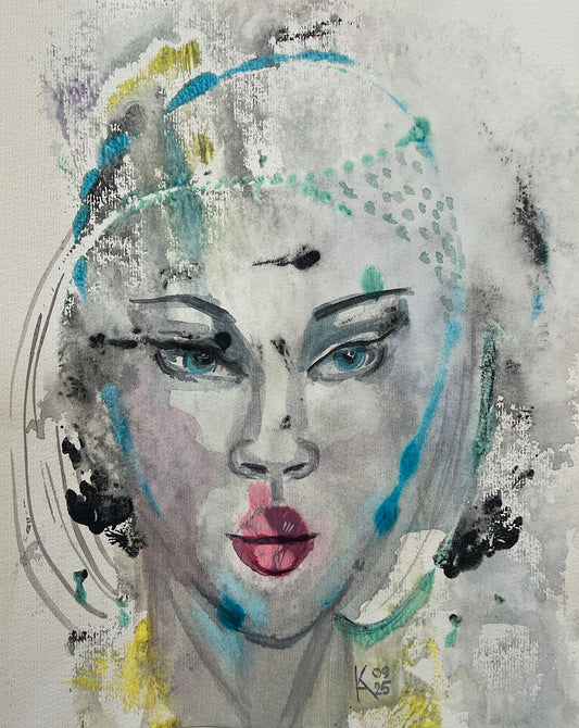 Abstract mixed media portrait of a woman with blue eyes and red lips, watercolor and ink painting on textured paper, signed by the artist