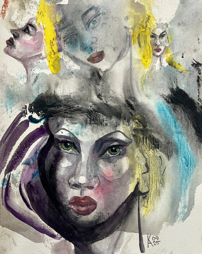 Original abstract watercolor painting of a woman with striking green eyes, yellow hair accents, and dreamlike floating faces on textured paper.