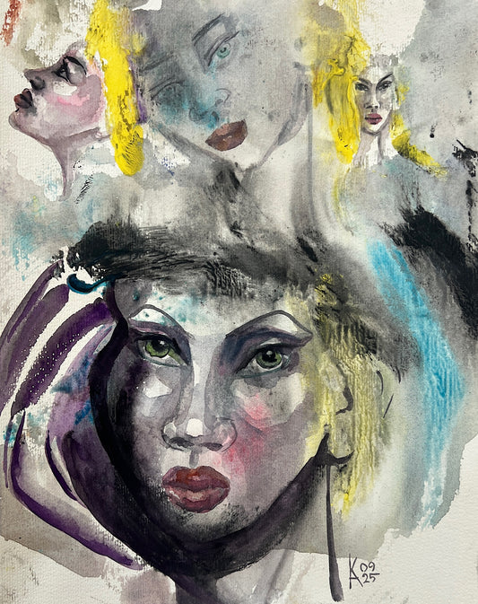 Original abstract watercolor painting of a woman with striking green eyes, yellow hair accents, and dreamlike floating faces on textured paper.