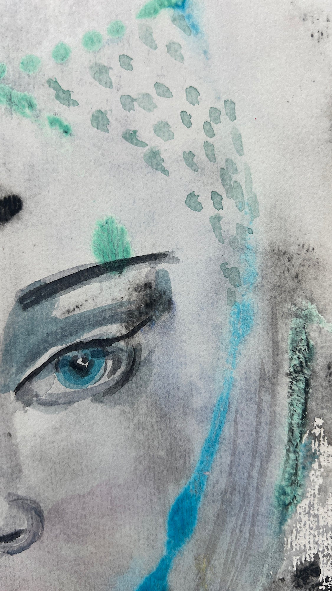 Detailed watercolor painting of a woman's eye with dark lashes and abstract teal green brushstrokes in the background