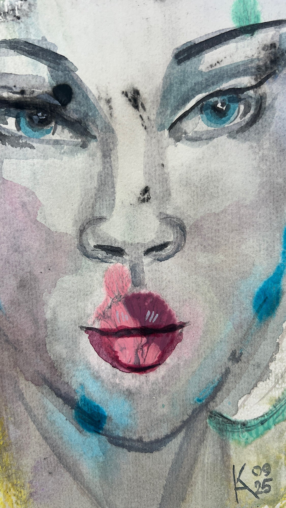 Expressive mixed-media face painting of a woman, featuring bright blue eyes, glossy red lips, and soft purple shading
