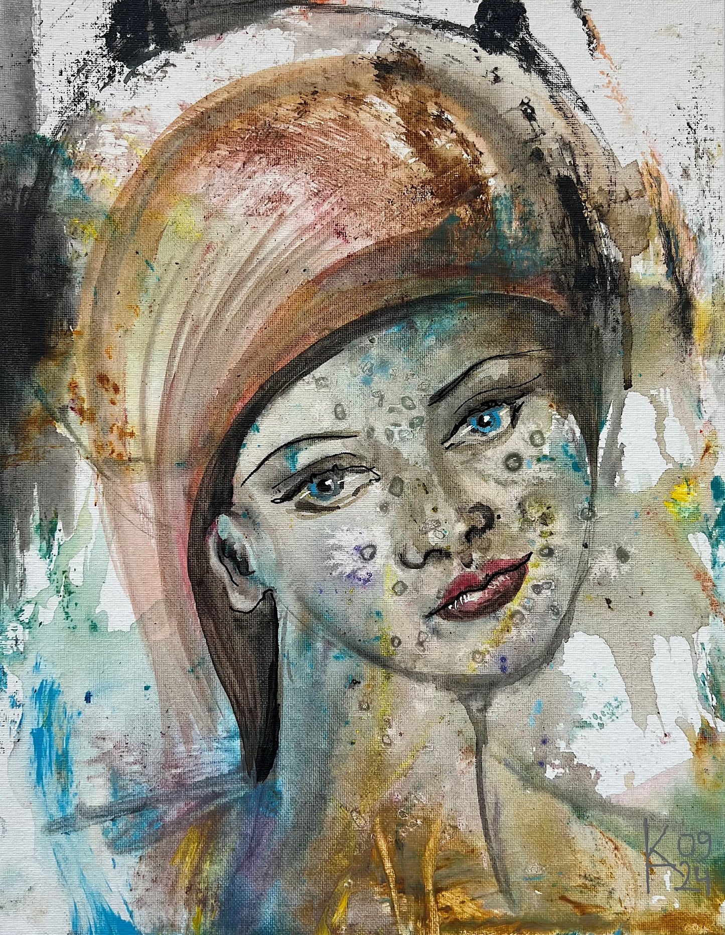 Original acrylic painting feminine portrait with blue eyes and textured dots, auburn hair wrap, surrealist expressive art on canvas board by Ekaterina Anchugova