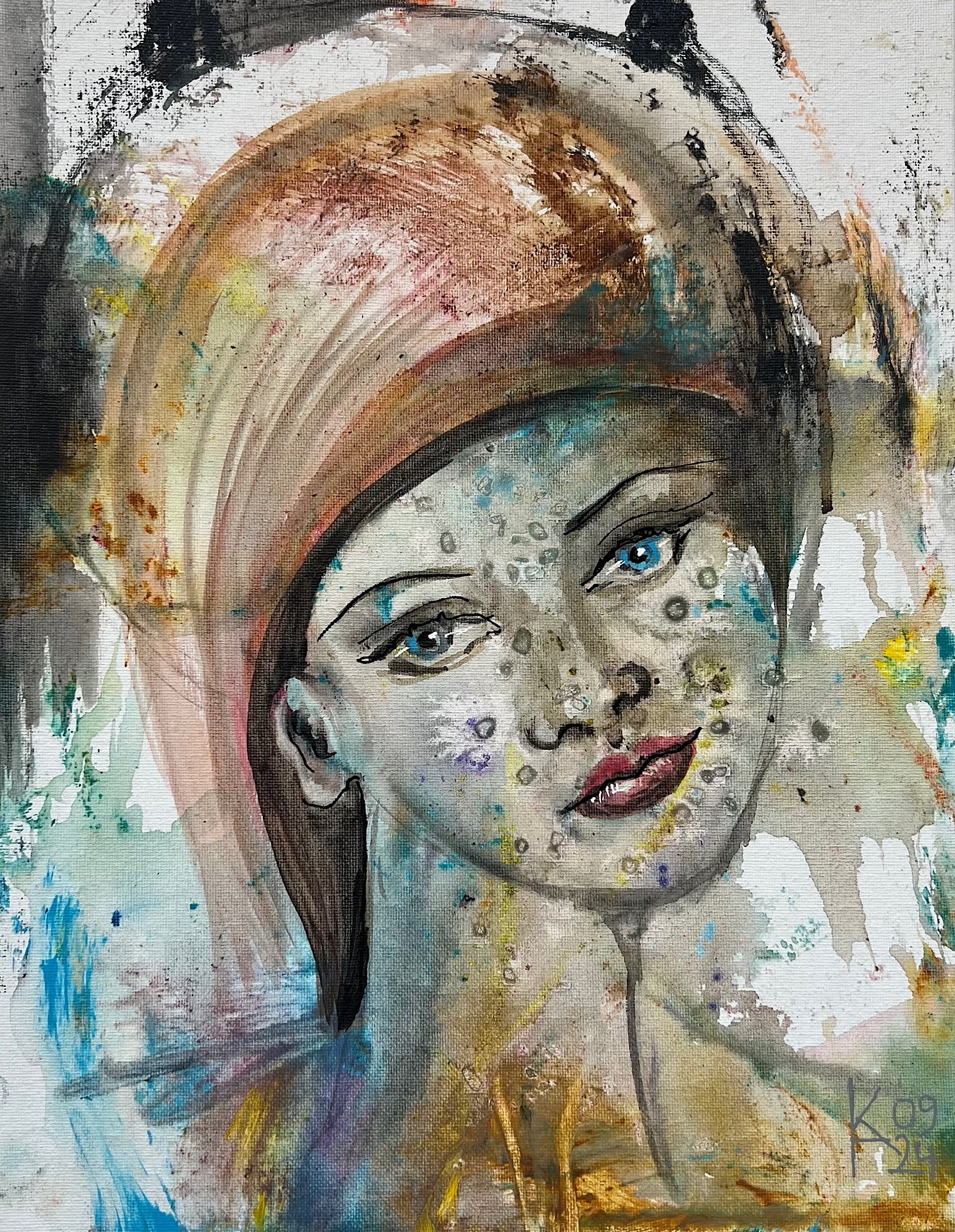 Original acrylic painting feminine portrait with blue eyes and textured dots, auburn hair wrap, surrealist expressive art on canvas board by Ekaterina Anchugova