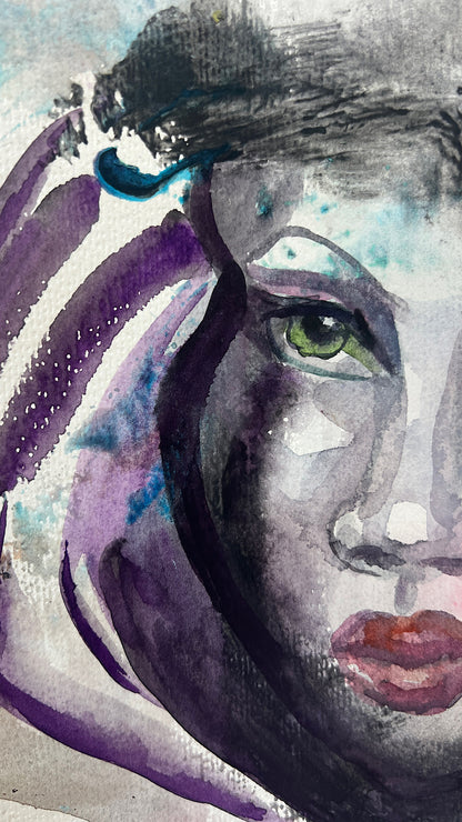Macro detail shot of a vivid green eye and purple flowing lines in an abstract watercolor portrait painting.
