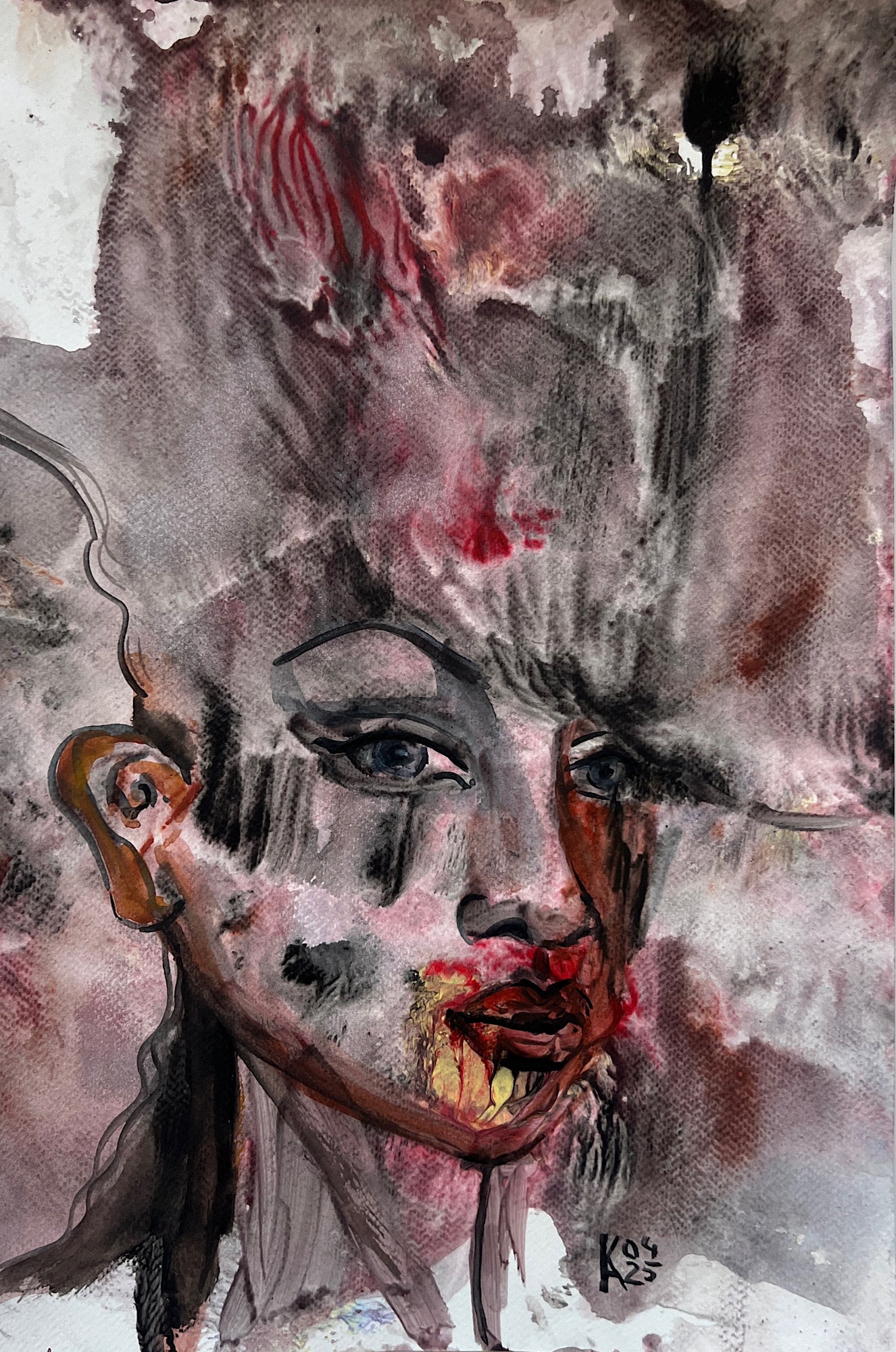 Artistic depiction of a face with abstract elements and a signature in the corner.