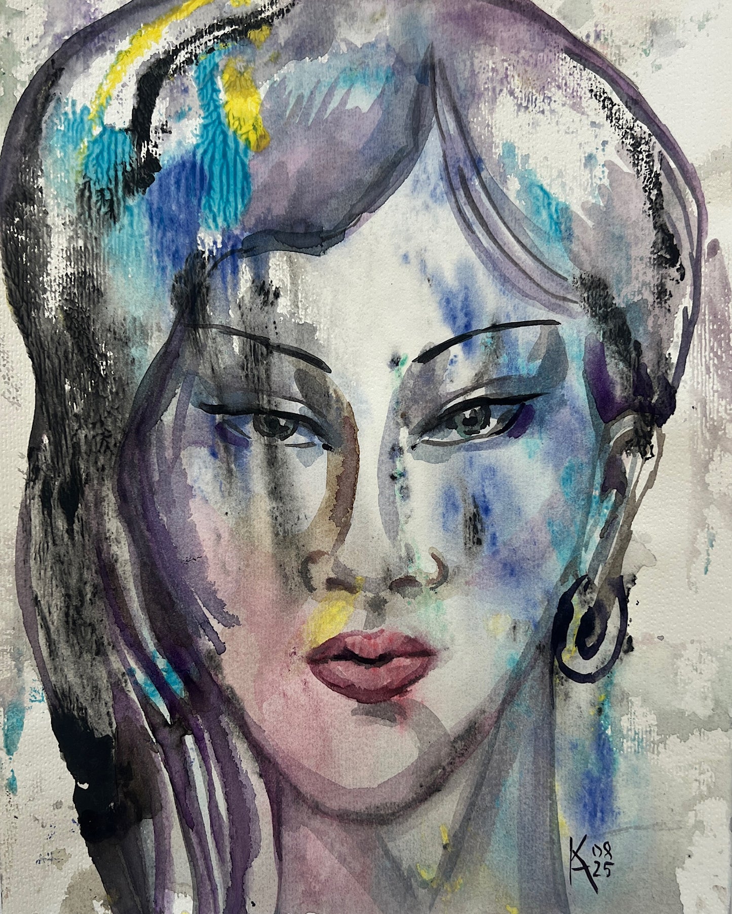 Original watercolor portrait of a woman with abstract blue and yellow hair, painted on textured paper with a dark hoop earring, signed by the artist, 11 by 14 inches Painted Silence art