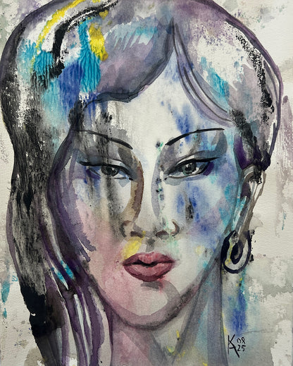 Original watercolor portrait of a woman with abstract blue and yellow hair, painted on textured paper with a dark hoop earring, signed by the artist, 11 by 14 inches Painted Silence art