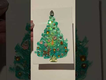 Evergreen & Gold Reindeer Christmas Tree – 5x7 Original painting