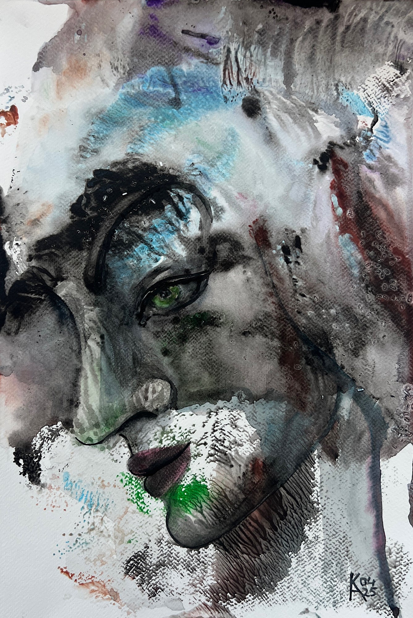 Abstract painting of a man's face with watercolor textures