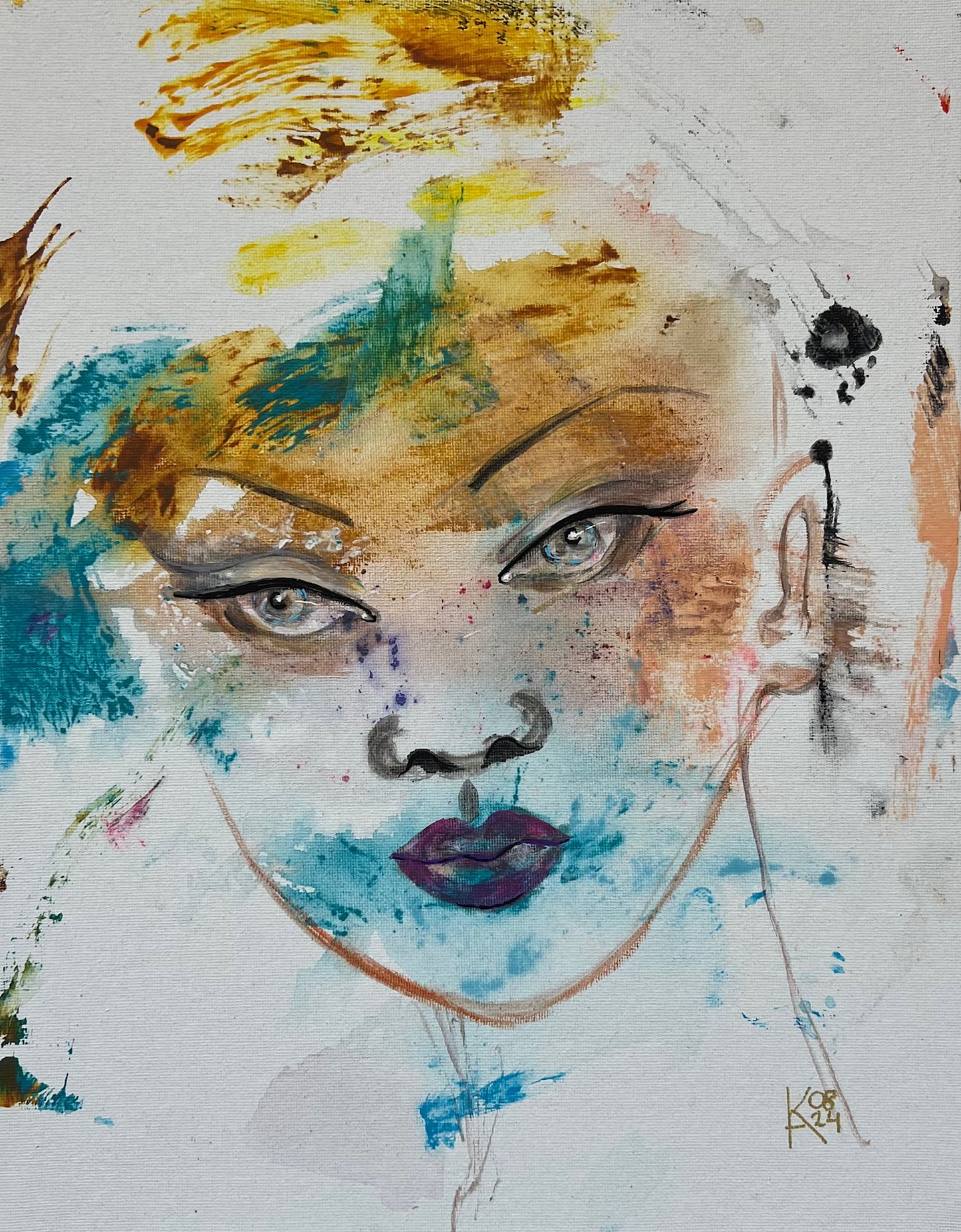 Original acrylic painting Silence, surrealist female portrait with expressive brushwork, teal and gold tones, dark lips, on canvas board, 11x14 in