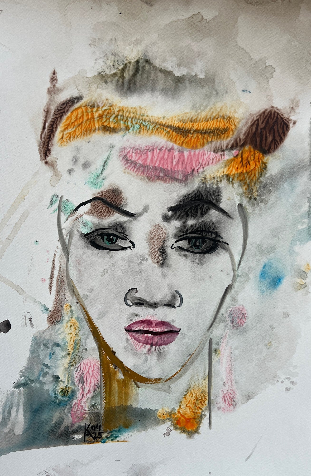 Artistic depiction of a face with colorful elements on a textured background