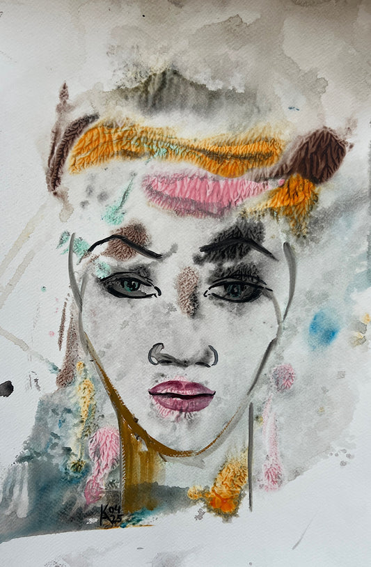 Artistic depiction of a face with colorful elements on a textured background