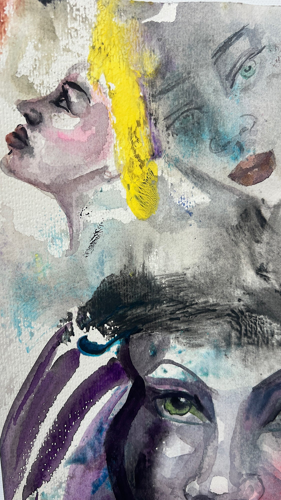 Artistic close-up watercolor detail of a woman’s face in profile with bright yellow hair and purple painterly strokes.