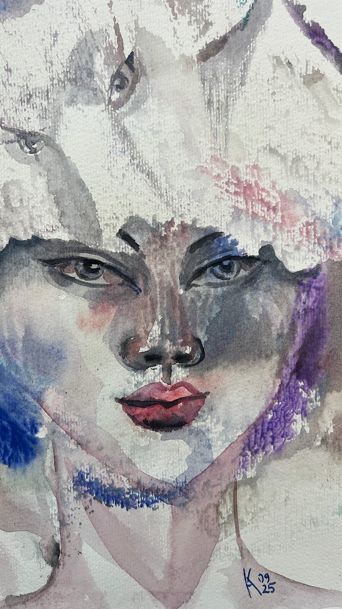 close up White Reverie original watercolor portrait painting 11x14 inches showing a woman's face with surreal floating eyes and blue purple washes