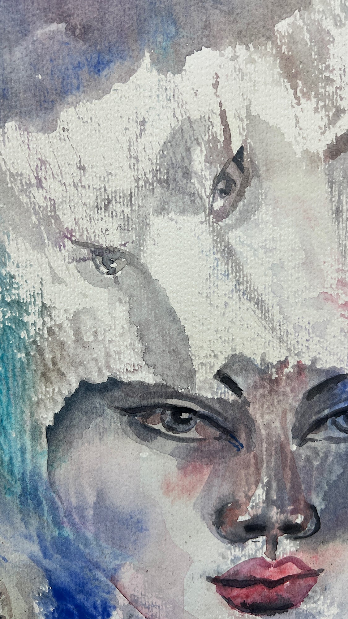 Close-up detail of White Reverie showing ghostly eyes and white textured layers in the upper composition