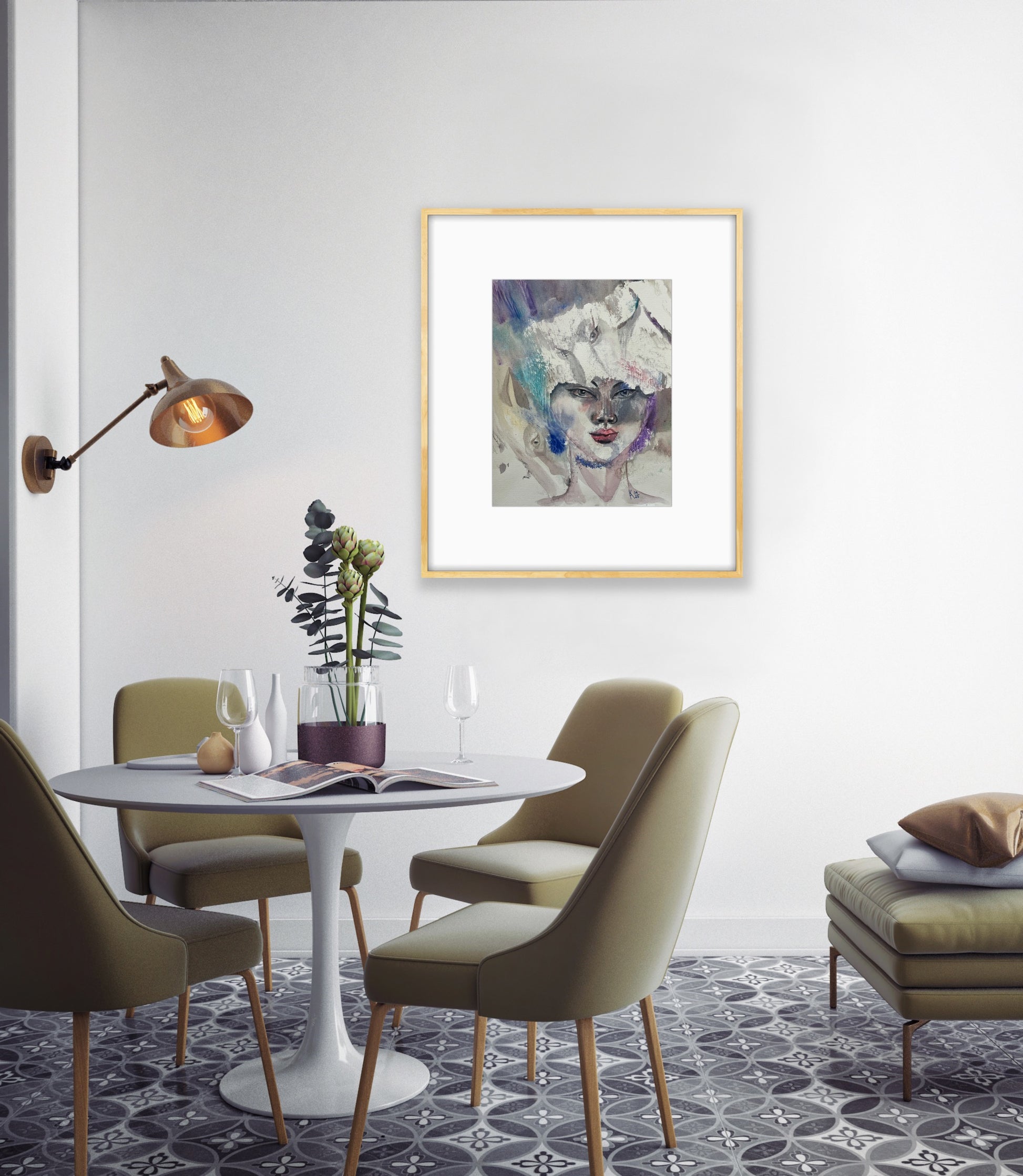 White Reverie framed watercolor portrait displayed in a modern dining room with olive green chairs and round marble tableз