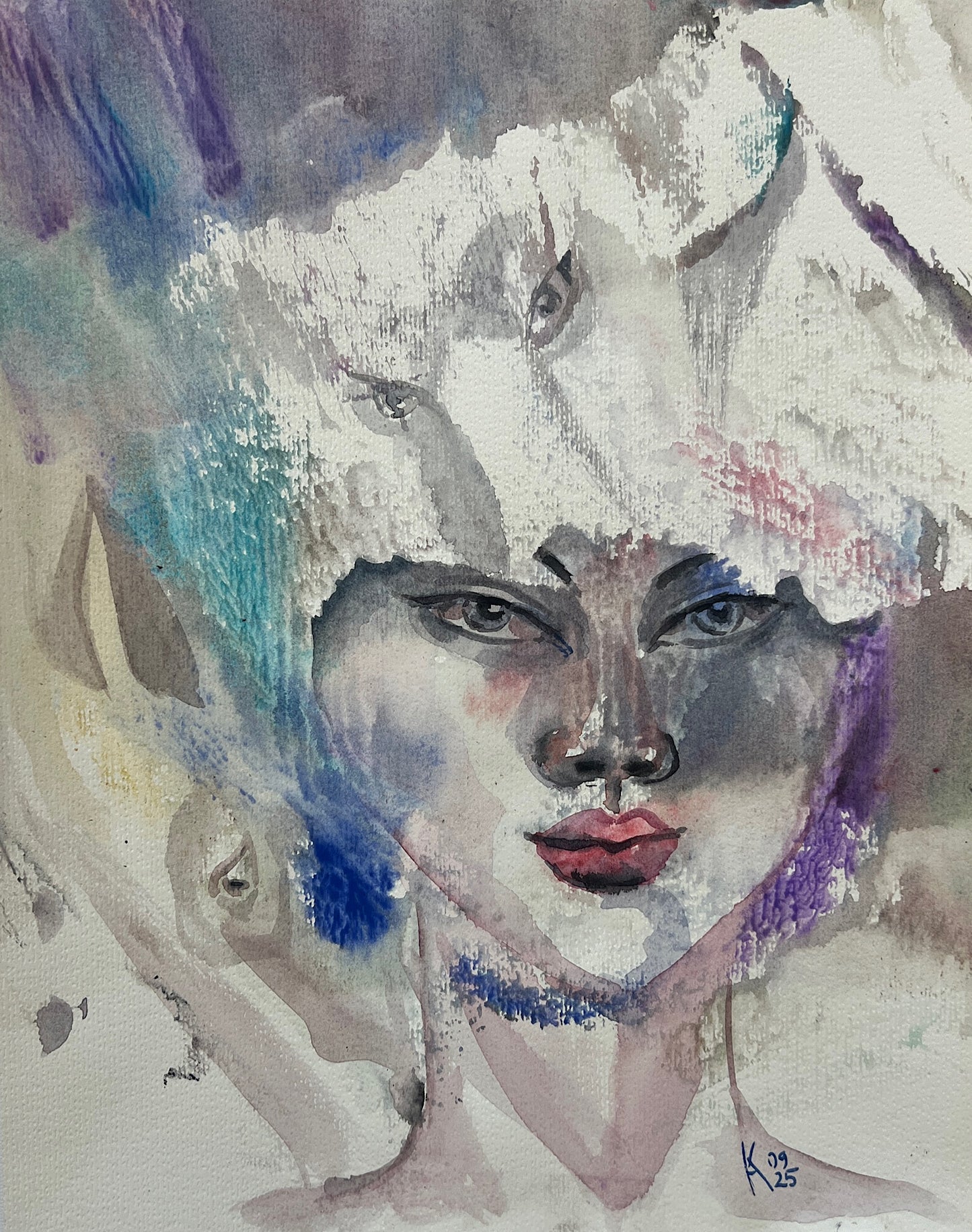 White Reverie original watercolor portrait painting 11x14 inches showing a woman's face with surreal floating eyes and blue purple washes