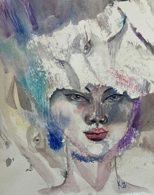 White Reverie original watercolor portrait painting 11x14 inches showing a woman's face with surreal floating eyes and blue purple washes
